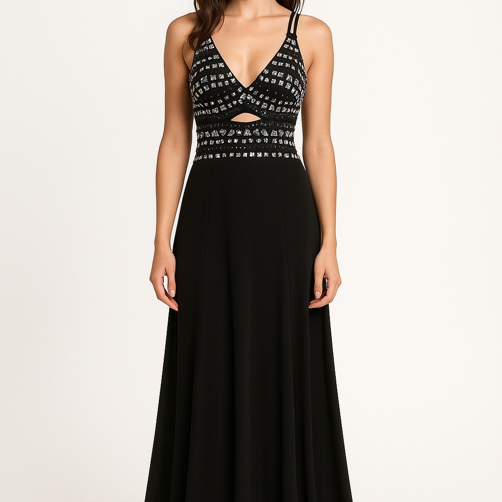 Black and Silver Embellished Halter Maxi Dress